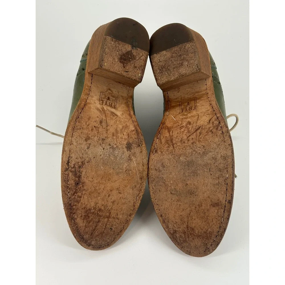 Frye Olive Green Leather Wingtip Oxford Heels Lace Up Shoes Women's 7.5 B